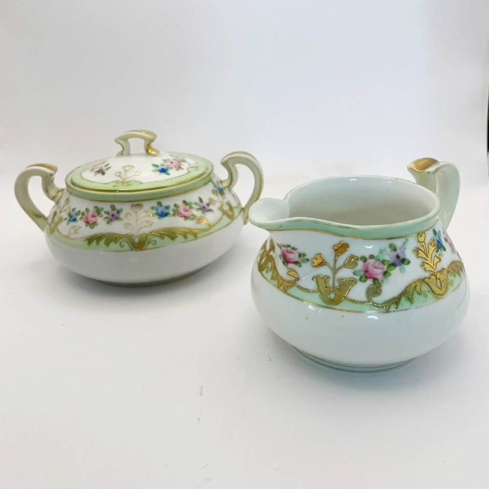 Antique Nippon Hand Painted Porcelain Creamer & Sugar Set